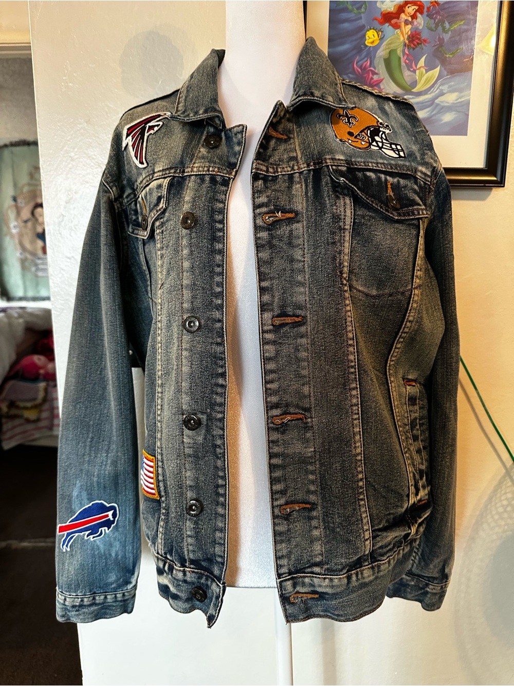 Ring of Fire Distressed Black Denim Jacket with Sports Patches